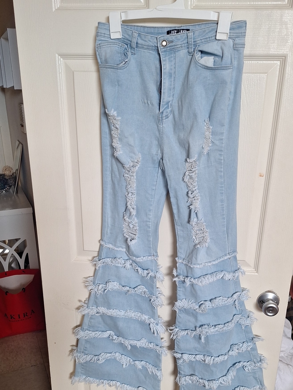 Unbranded Light Blue Ruffled Flare Jeans with Distressed Detail